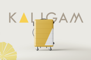 Kaligam : valise sur fond de logo